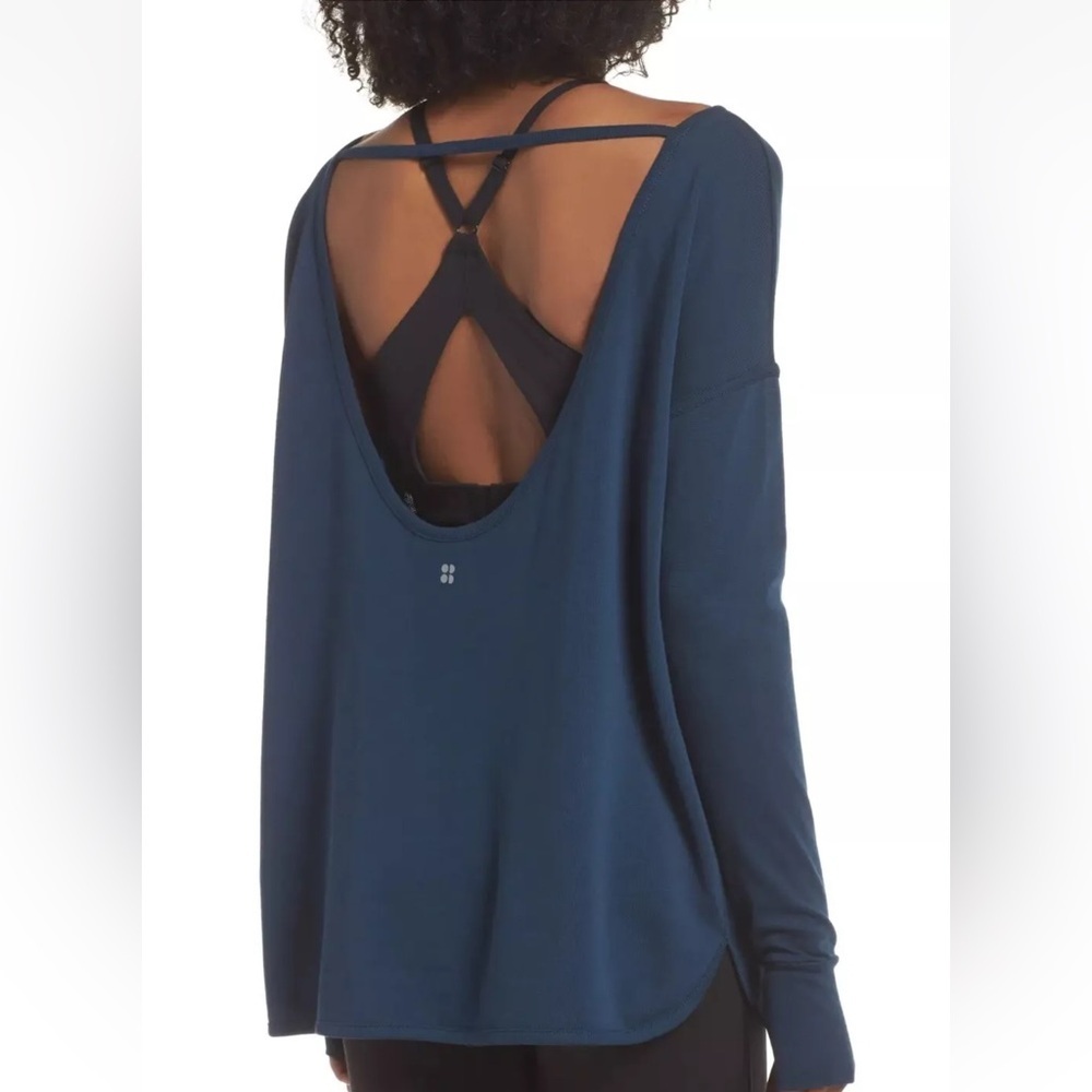 Sweaty Betty Simhasana Slogan Sweatshirt Open Back Dark Blue Teal Size XS
